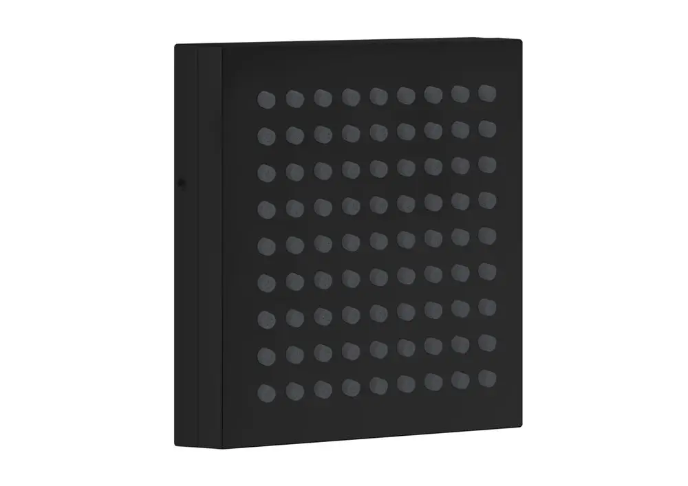 Schwarze Duschkopfplatte mit zahlreichen identisch angeordneten Auslassöffnungen, hergestellt von AXOR. Minimalistisches Design für eine moderne Dusche.